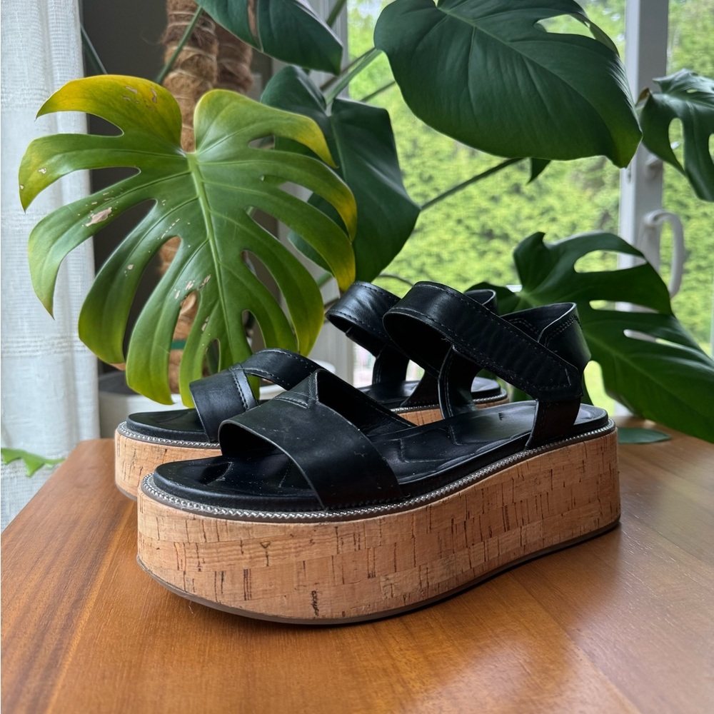 Franco Sarto Black Leather Cork Platform Sandals - Picture 9 of 11